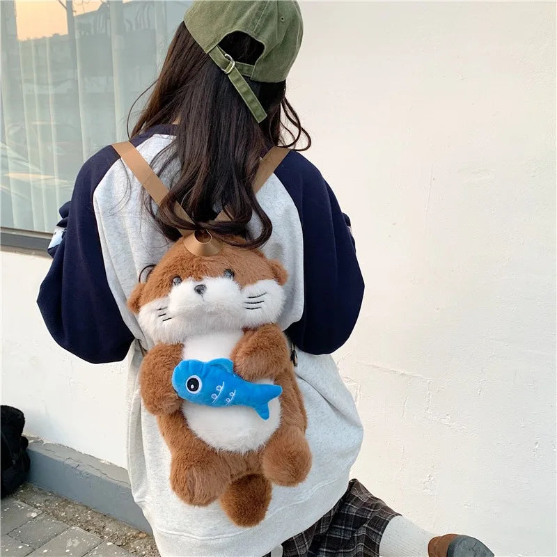 Adorable Otter Holding Fish Plush Backpack for Children Cute Gift