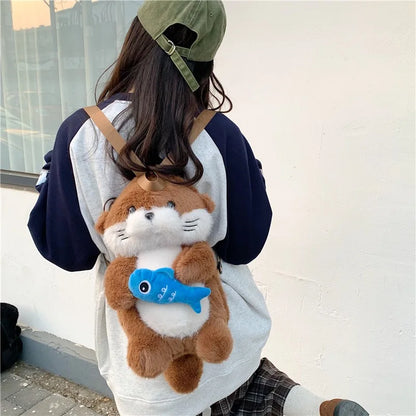 Adorable Otter Holding Fish Plush Backpack for Children Cute Gift