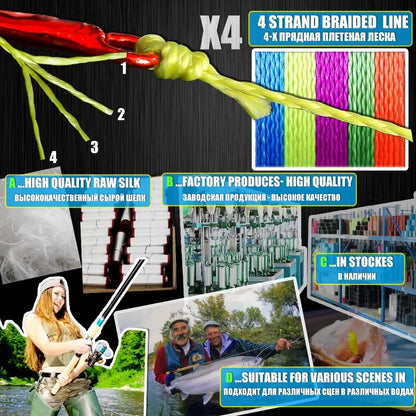 4 Strands Braided Fishing Line PE 100M 300M 500M 1000M Abrasion Resistant