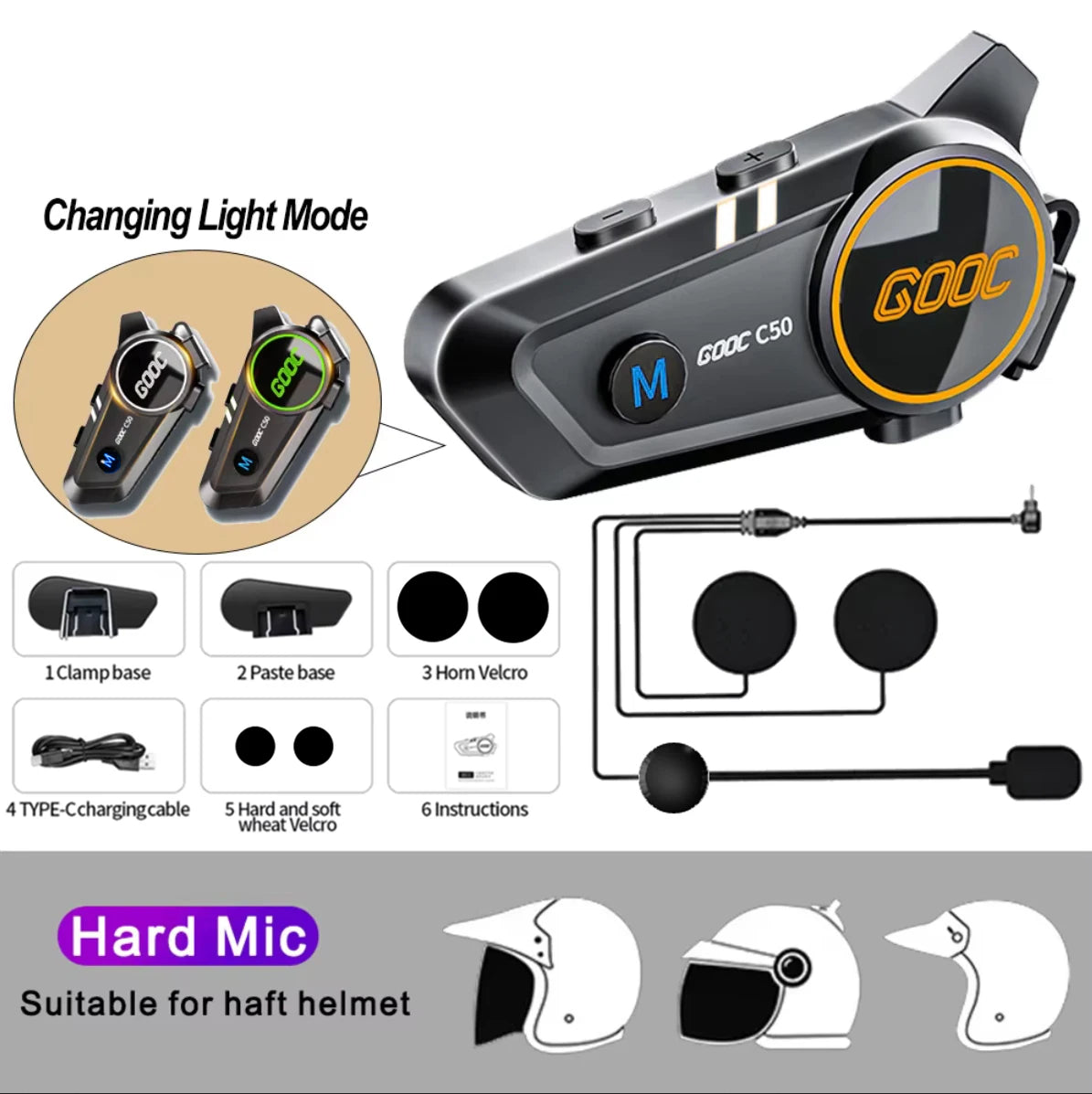 Motorcycle Helmet Bluetooth Headset Heavy Bass IPX7 Ambient Light Hands Free