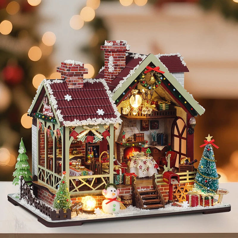 DIY Wooden Dollhouse Christmas Lodge Miniatures with LED Lights Assembly Model Gift - EXPROTAS