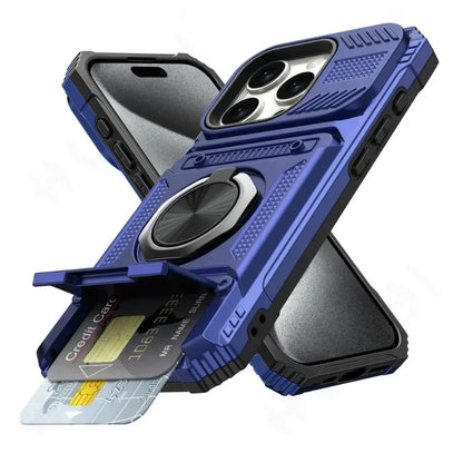 iPhone 11-16 Pro Max Ring Kickstand Wallet Case Heavy Duty Shockproof Cover