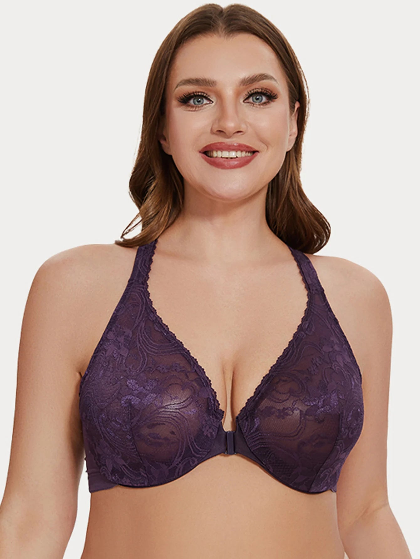 MELENECA Women’s Plus Size Front Closure Racerback Underwire Bra Unlined Lace - EXPROTAS