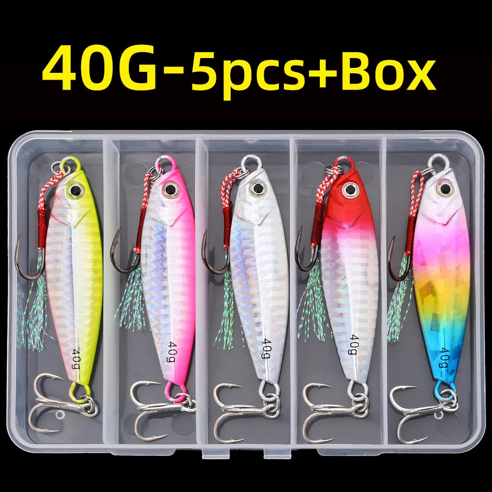 Aorace 5Pcs Metal Jig Lure Cast Spoon 10G 20G 30G 40G Artificial Bait Shore Fishing Jigging Metal Bass Fishing Lure With box