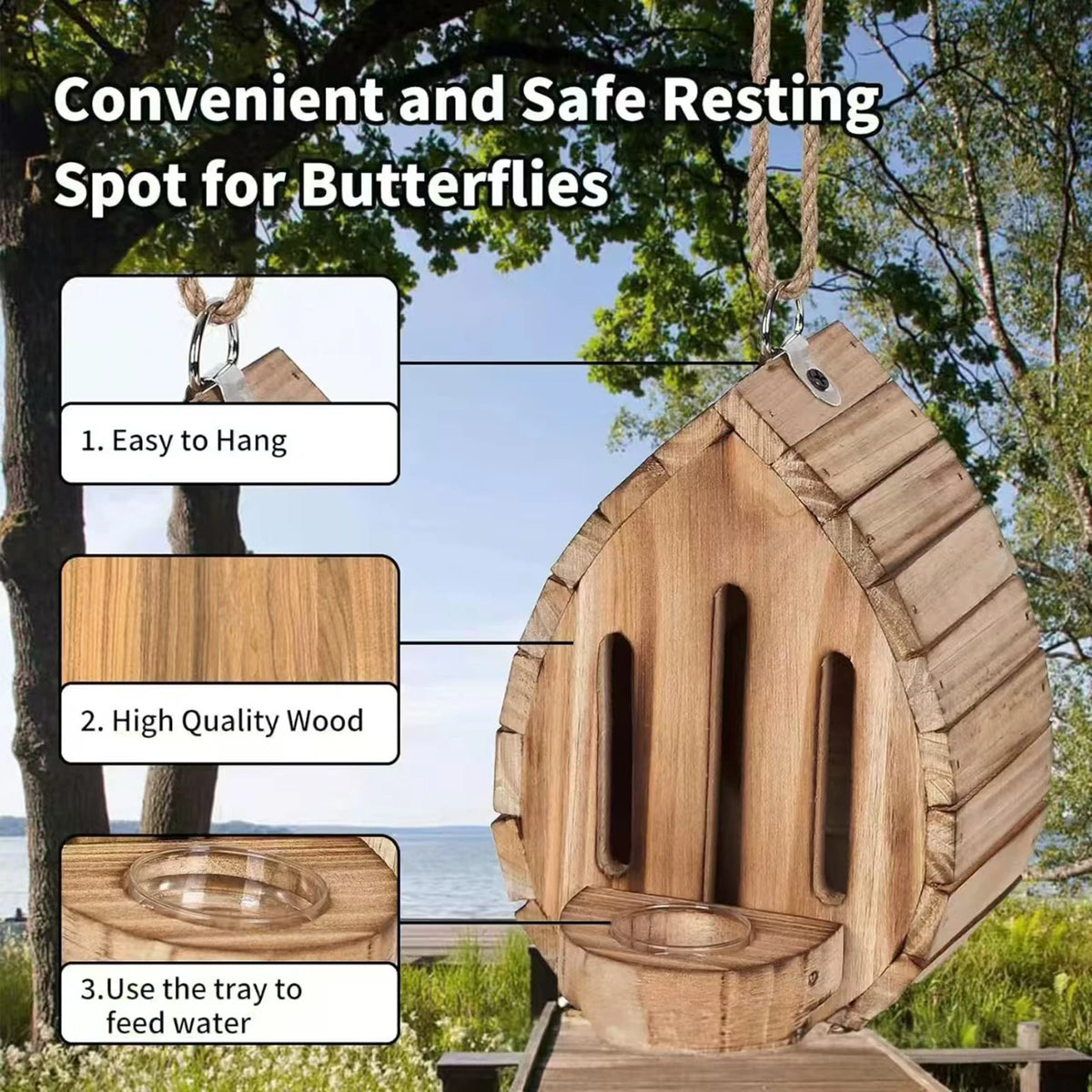 Wooden Butterfly House Habitat Feeder for Outside Garden Hanging