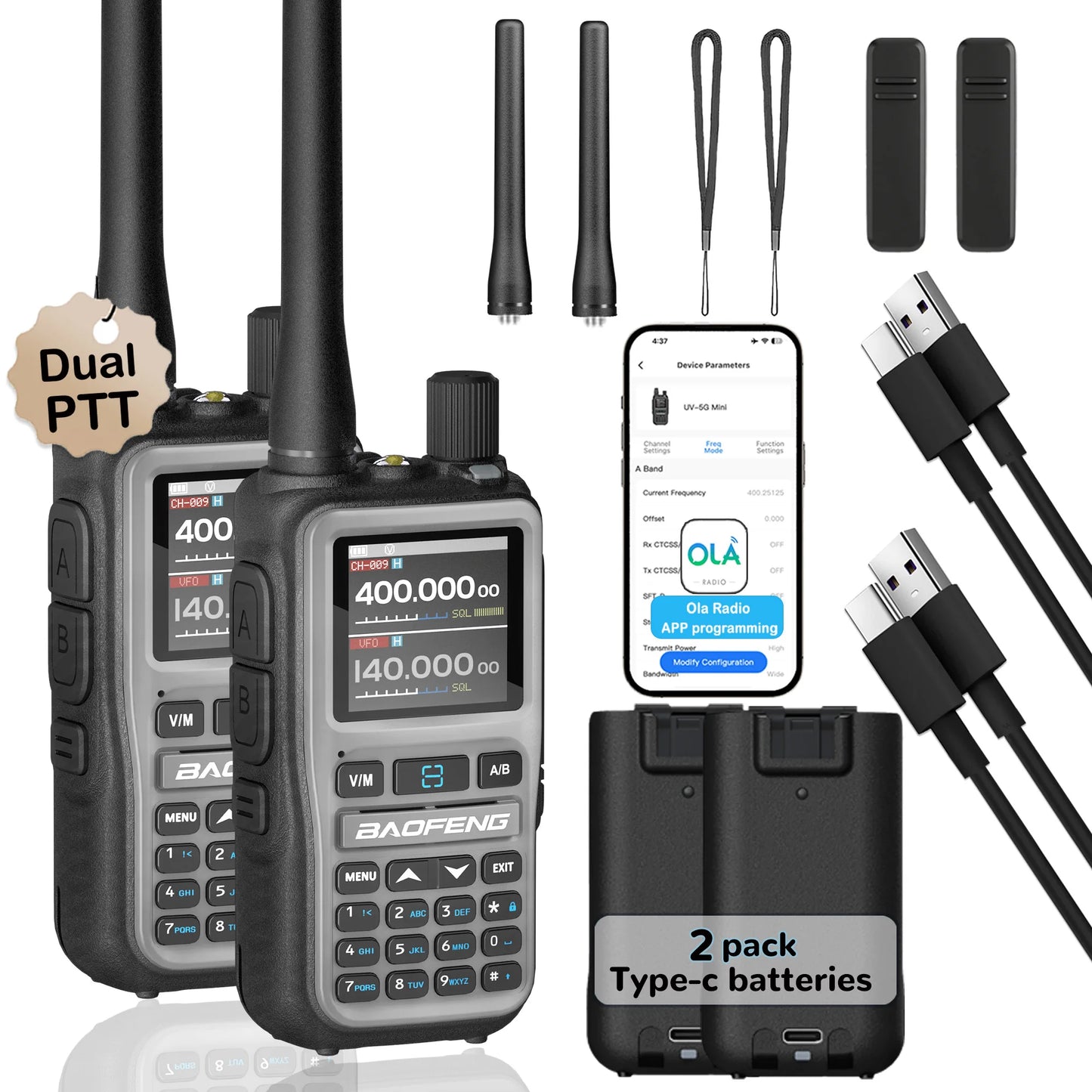 2 Pack Baofeng Walkie Talkie Mini Dual Band Radio 5W Bluetooth Type-C