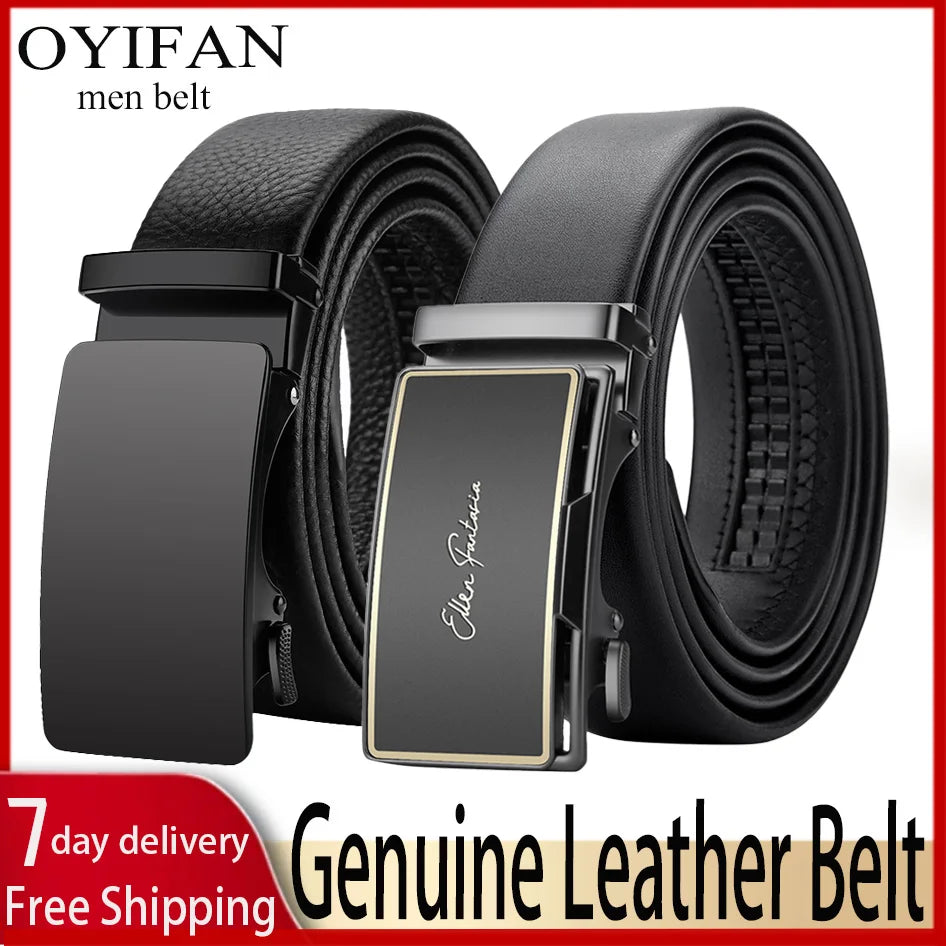 OYIFAN Leather Belt Men Automatic Buckle Ratchet Sliding Dress Black Belts