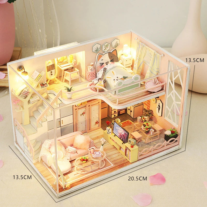 Wooden Miniature Duplex Dollhouse DIY 3D Puzzle Kit with Furniture LED Decoration Gift - EXPROTAS