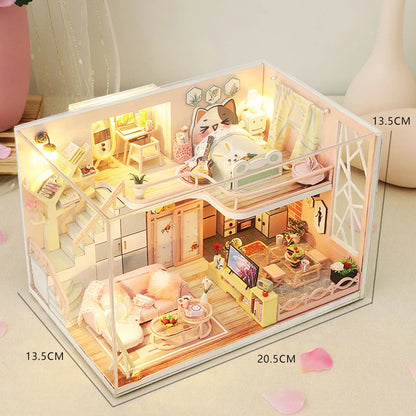 Wooden Miniature Duplex Dollhouse DIY 3D Puzzle Kit with Furniture LED Decoration Gift - EXPROTAS