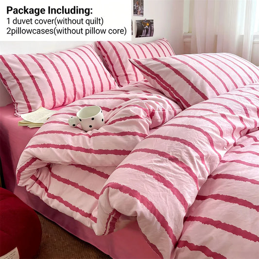 3pcs Pink Striped Duvet Cover Bedding Set with Pillowcases Soft Cotton 150x200cm