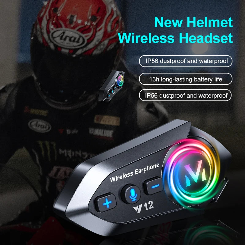 Y12 Motorcycle Helmet Bluetooth Headset Dual Mic FM Radio Waterproof Speaker