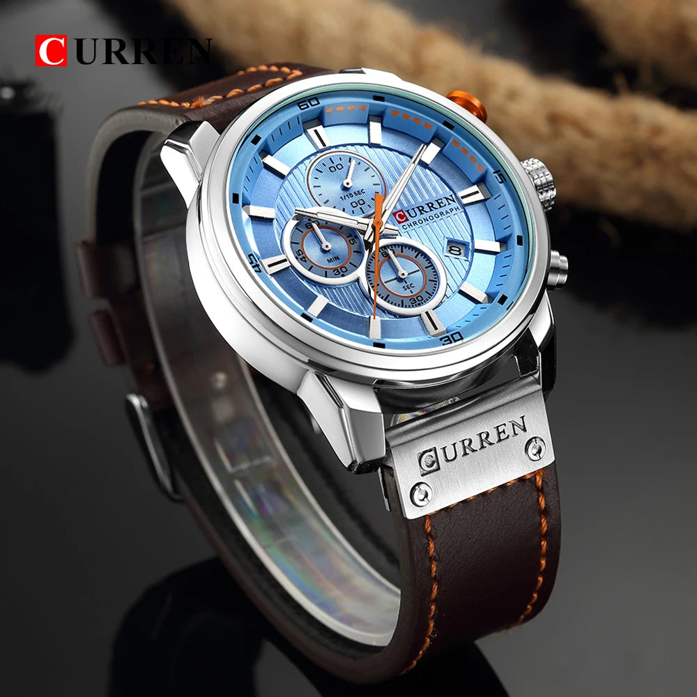 Curren Mens Watch Waterproof Quartz Chronograph Leather Strap 8291