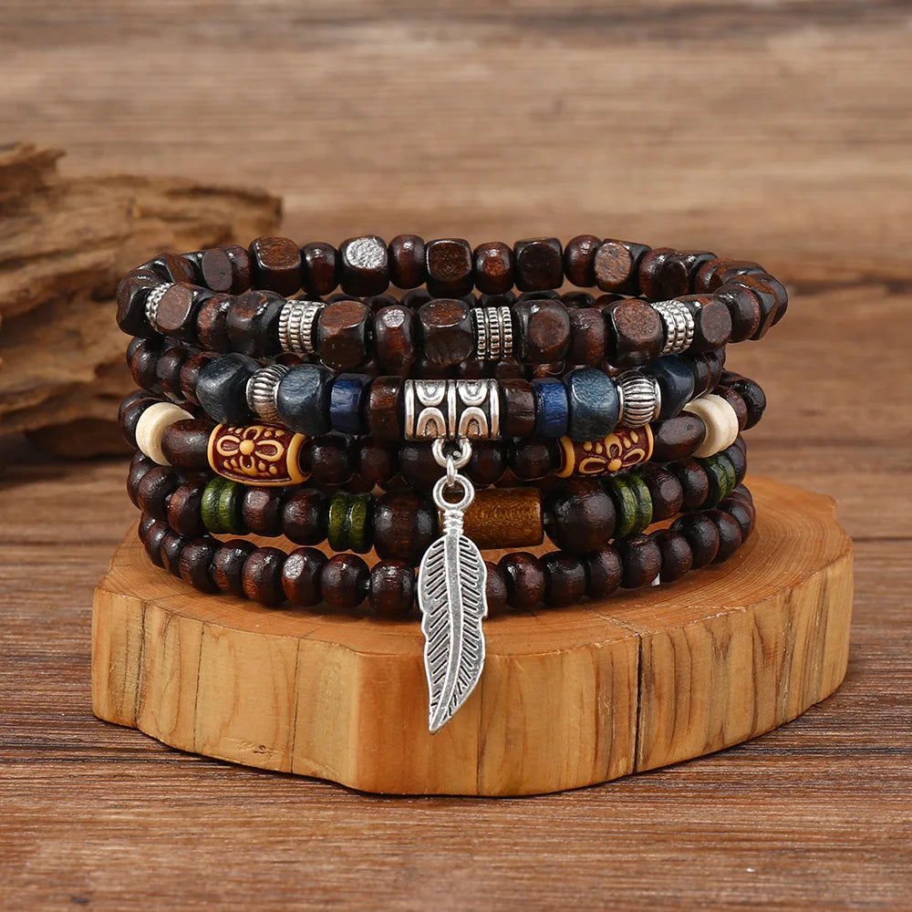10Pcs Vintage Bohemia Men's Bracelets Stylish Leaves Wristwear Jewelry