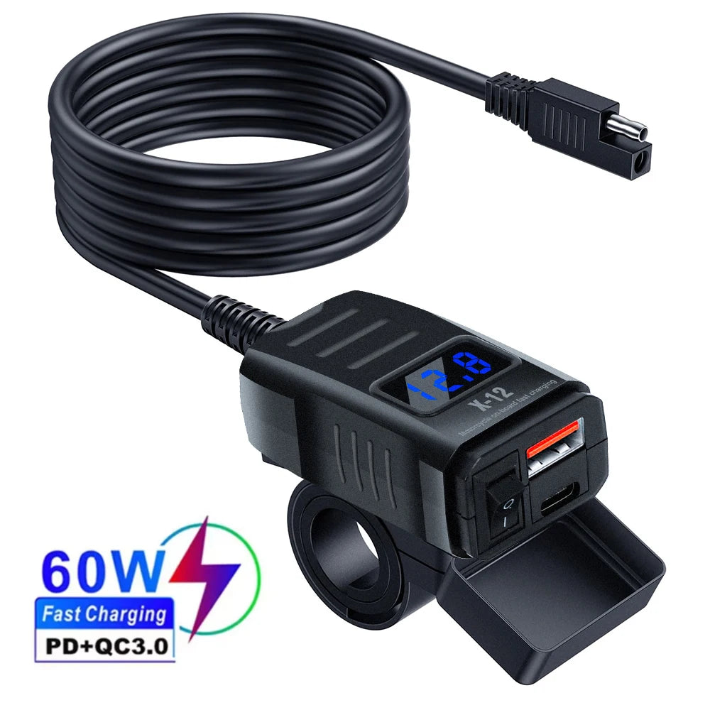 Dual USB Socket Motorcycle Charger 60W Waterproof PD QC3.0 Voltmeter Handlebar