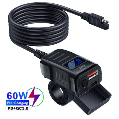 Dual USB Socket Motorcycle Charger 60W Waterproof PD QC3.0 Voltmeter Handlebar