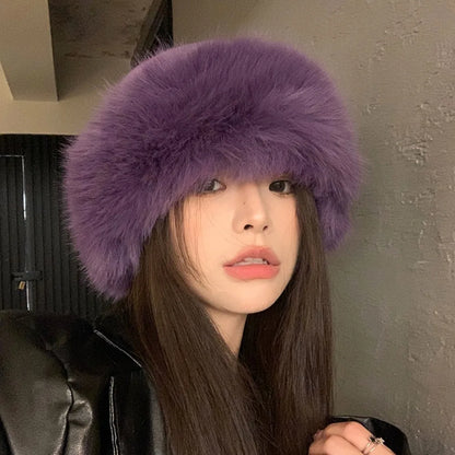 Fluffy Fur Bucket Hat Women Winter Warm Plush Fisherman Cap Thick