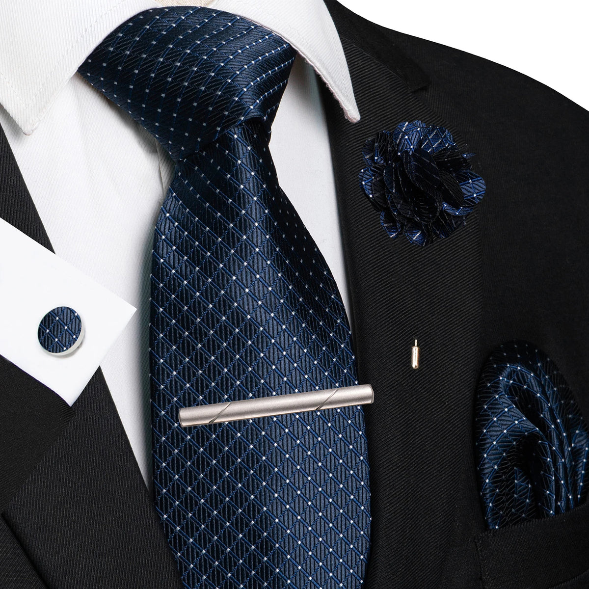 Men's Plaid Tie Clip Set with Pocket Square Cufflinks Wedding Accessories