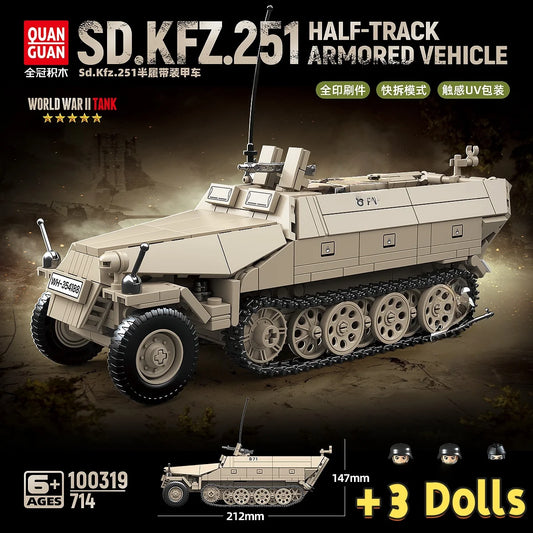 WW2 German Sd.Kfz.251 Half-Track Armored Vehicle Building Blocks Ruins Brick Model Gift