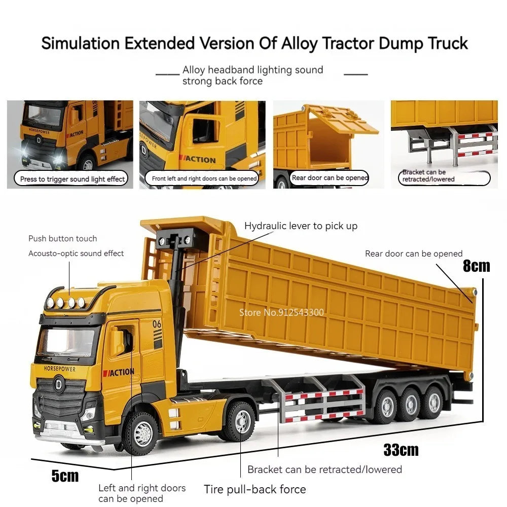 1/50 Extended Dump Truck Model Toy Metal Diecasting Doors Opened Sound Light Pull Back Vehicle Models Ornaments Children's Gifts-EXPROTAS