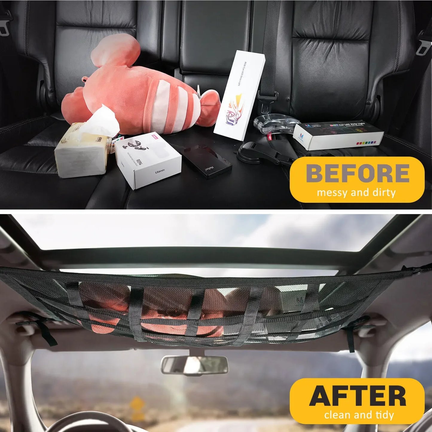 Cargo Net 90x65CM Ceiling Organizer for SUV Van Camping - 25kg Capacity