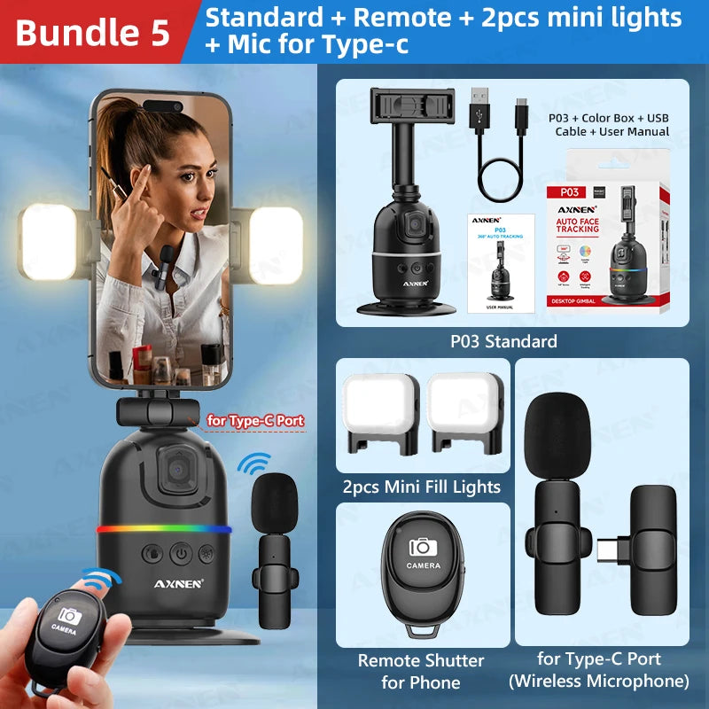 Smart Auto Face Tracking AI Gimbal for Smartphone & Action Camera 360° Vlog Kit w/ Tripod