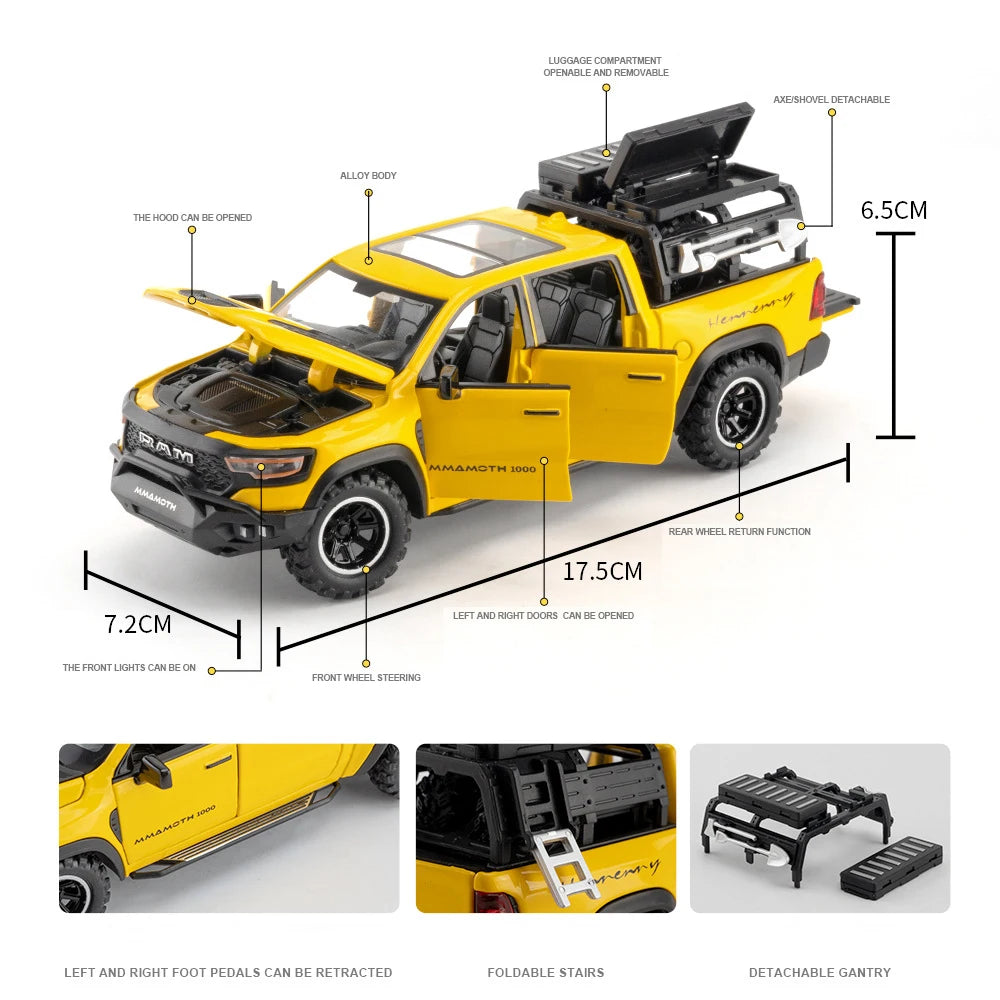 1:32 Dodge RAM 1000 TRX Mammoth Alloy Model Sound Light Toy Pickup