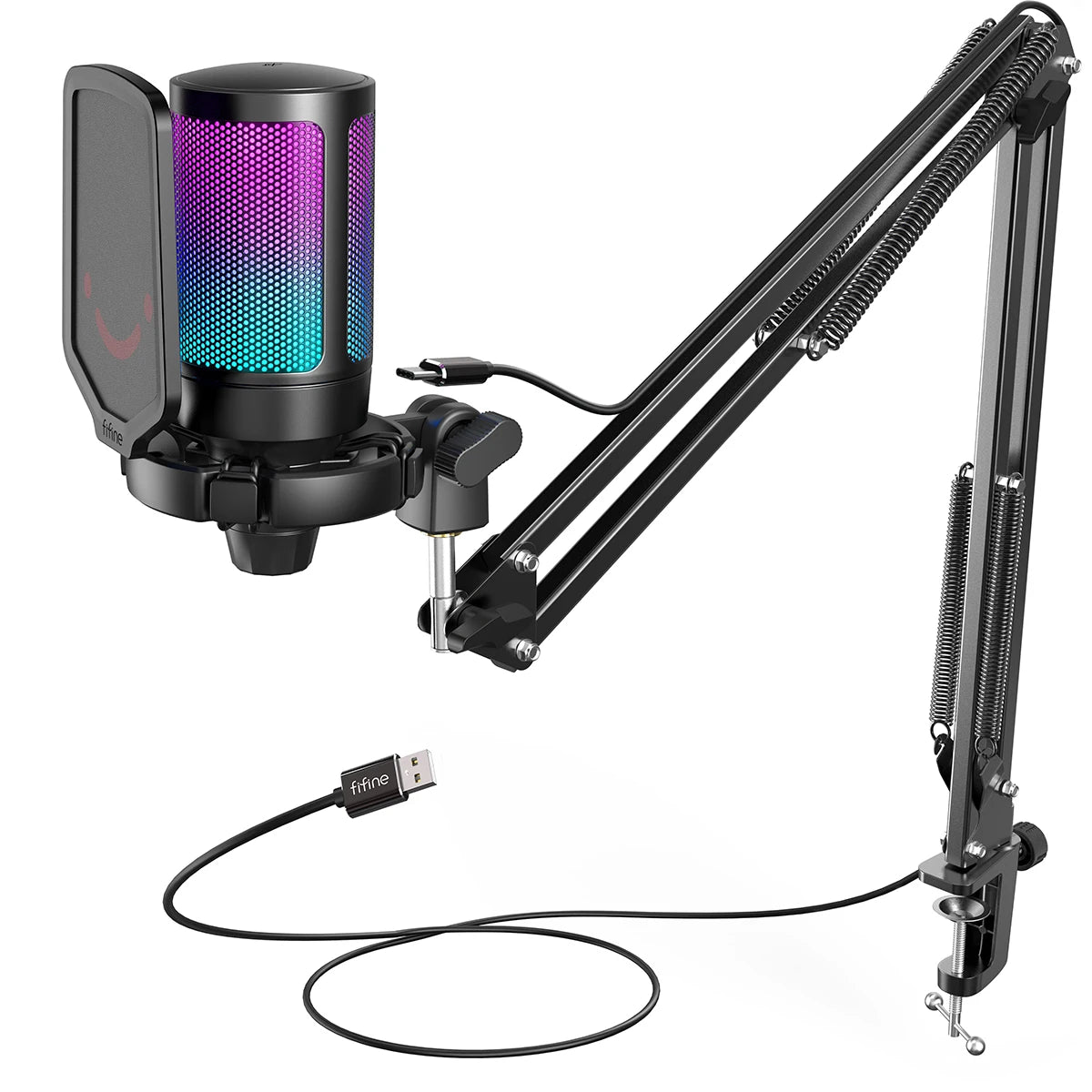 FIFINE USB Gaming Microphone Kit for PC,PS4/5 Condenser Cardioid Mic Set with Mute Button/RGB /Arm Stand,for Streaming Video-A6T-EXPROTAS