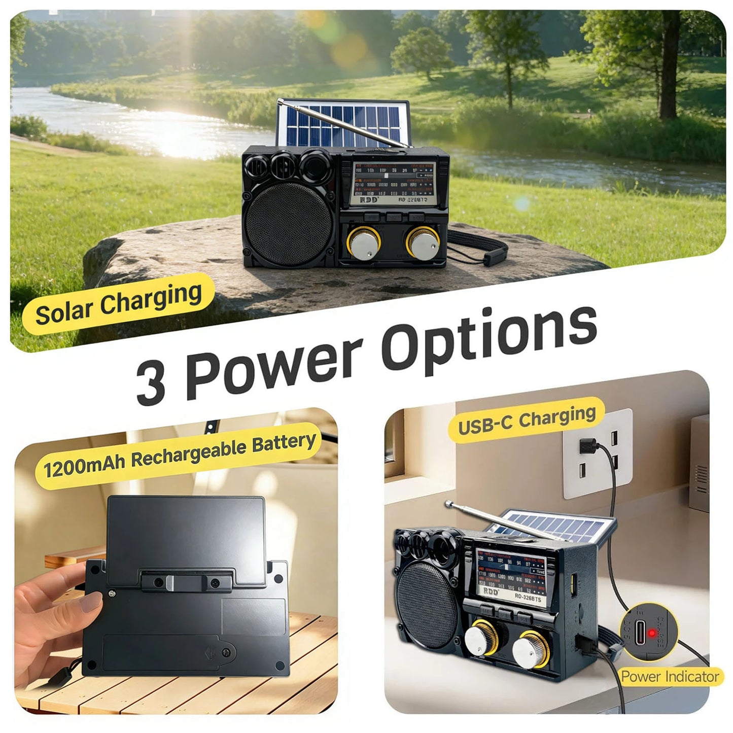 Portable Bluetooth Speaker Solar FM AM SW Radio Rechargeable Player