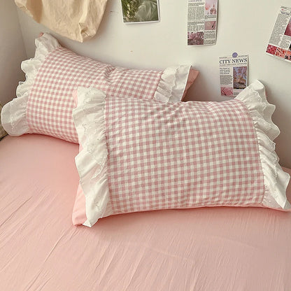 Plaid Duvet Cover 3 Piece Bedding Set Pink Check Bedspread All Seasons