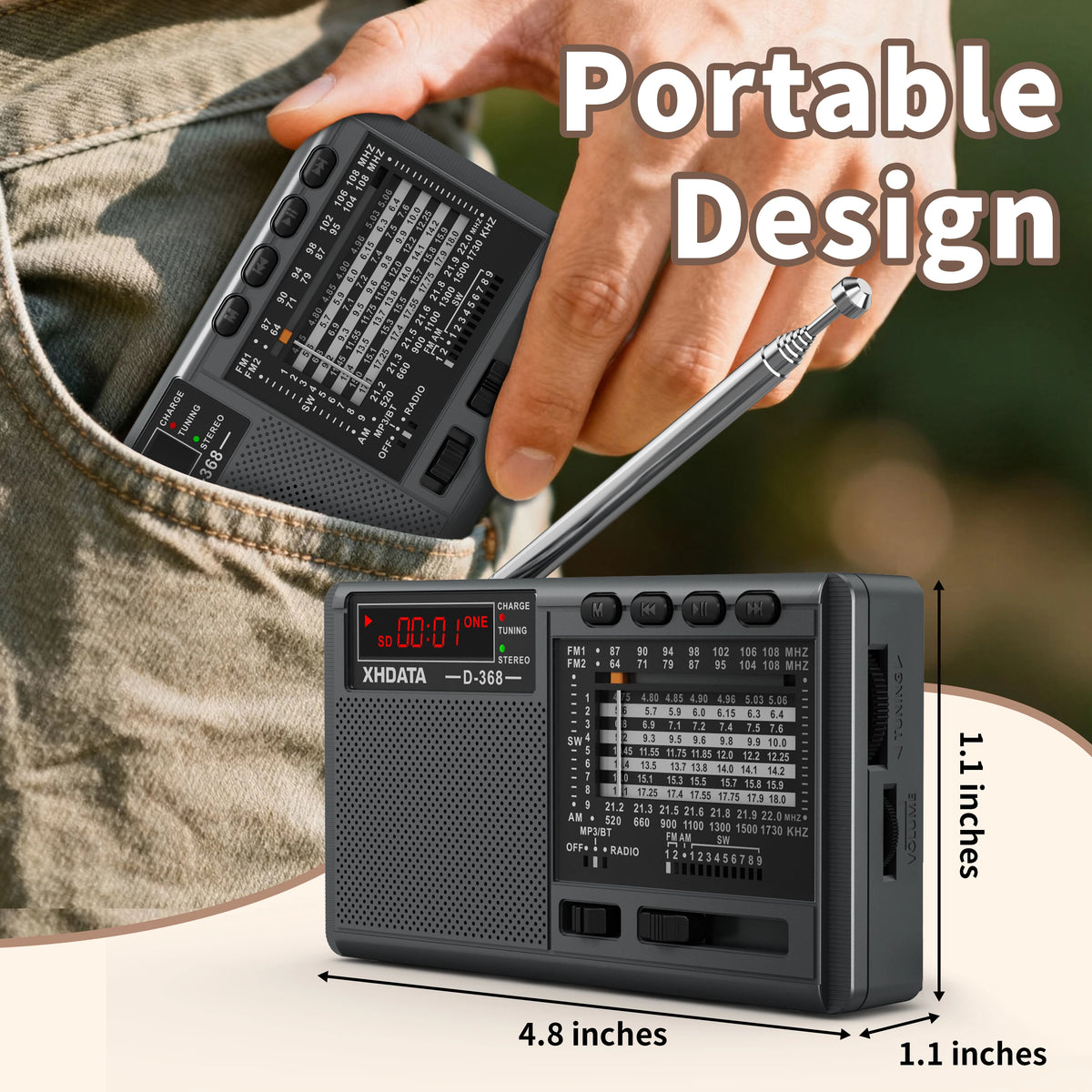 USB Rechargeable Battery Portable XHDATA Radio FM AM SW MP3 Player