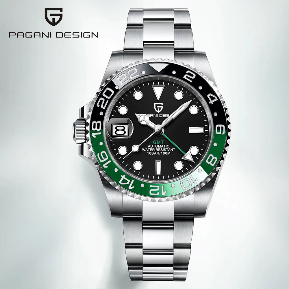 PAGAN DESIGN PD-1662 Luxury GMT Men Mechanical Wristwatch Sapphire Glass Stainless Steel 100M Waterproof Automatic Watches-EXPROTAS