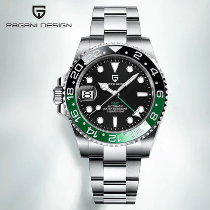 PAGAN DESIGN PD-1662 Luxury GMT Men Mechanical Wristwatch Sapphire Glass Stainless Steel 100M Waterproof Automatic Watches-EXPROTAS