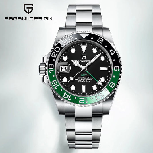 PAGAN DESIGN PD-1662 Luxury GMT Men Mechanical Wristwatch Sapphire Glass Stainless Steel 100M Waterproof Automatic Watches-EXPROTAS