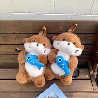 Adorable Otter Holding Fish Plush Backpack for Children Cute Gift