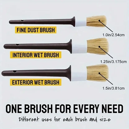 3PCS Interior Detail Brush Set Boar Hair Bristle Car Cleaning Brushes