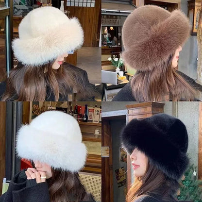 Fluffy Fur Bucket Hat Women Winter Warm Plush Fisherman Cap Thick