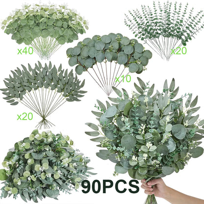 50/90PCS Artificial Eucalyptus Flowers Home Decor Fake Leaf Green Stems