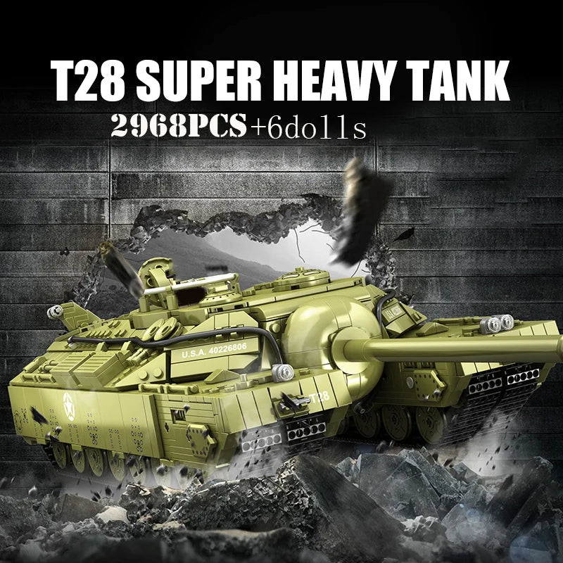 WW2 US T28 Super Heavy Tank Building Blocks Military Brick Model Toy Set