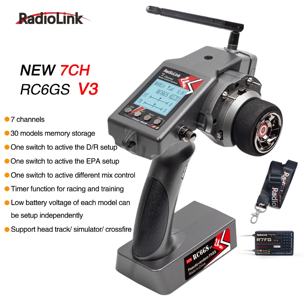Radiolink RC6GS V3 2.4G 7 Channel Radio Transmitter with R7FG Receiver Gyro Telemetry Included Remote Controller for RC Car Boat-EXPROTAS