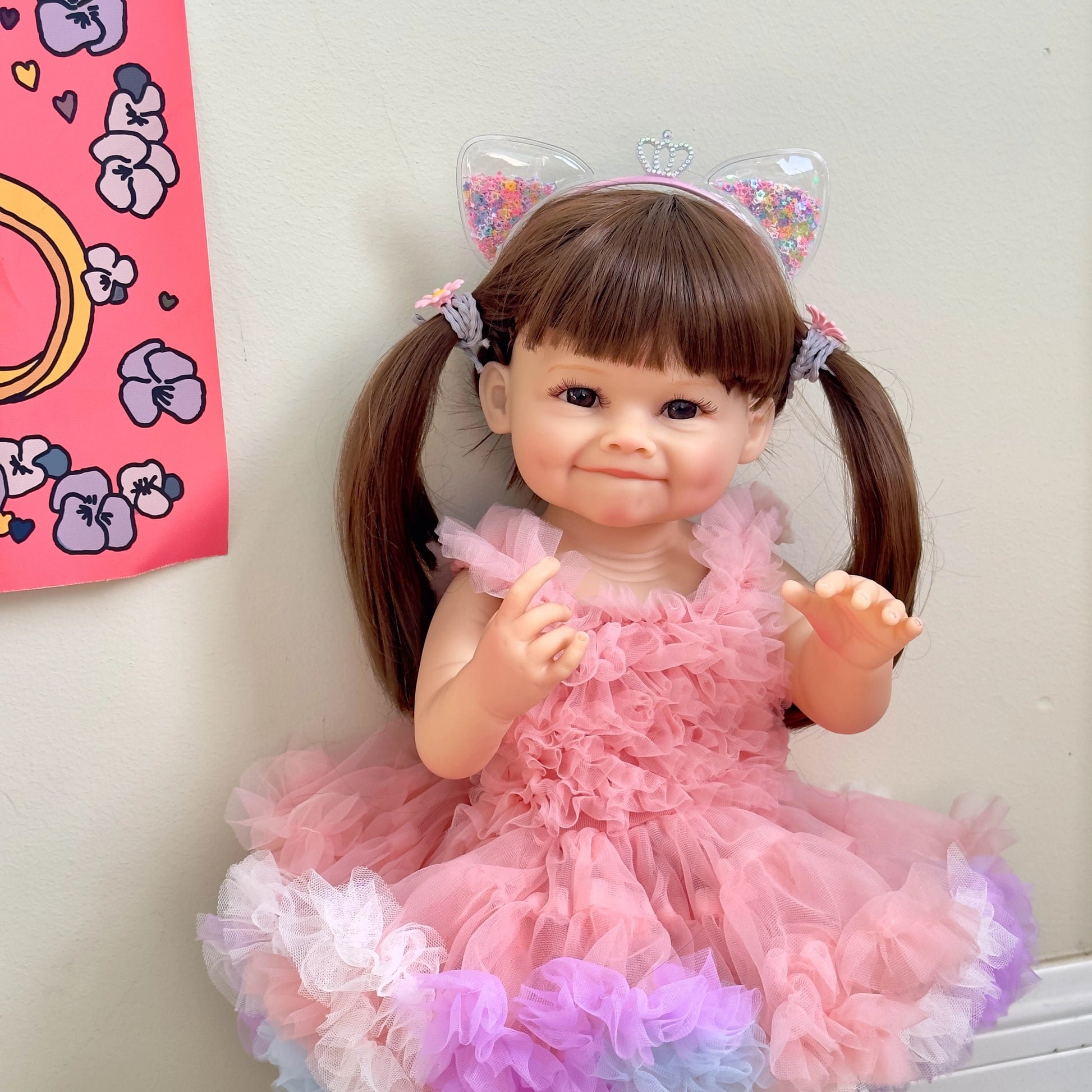 NPK 55CM Reborn Toddler Doll with Pink Dress Full Body Soft Silicone Raya Lifelike Soft Touch High Quality Doll Gifts-EXPROTAS