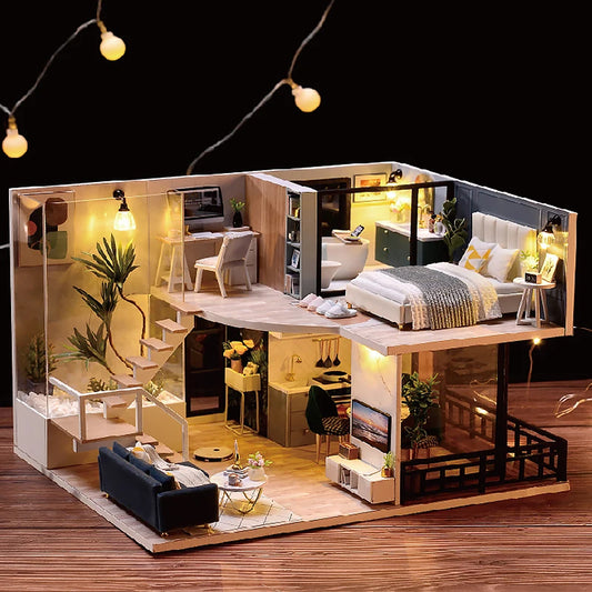 Wooden Miniature Duplex Dollhouse DIY 3D Puzzle Kit with Furniture LED Decoration Gift - EXPROTAS