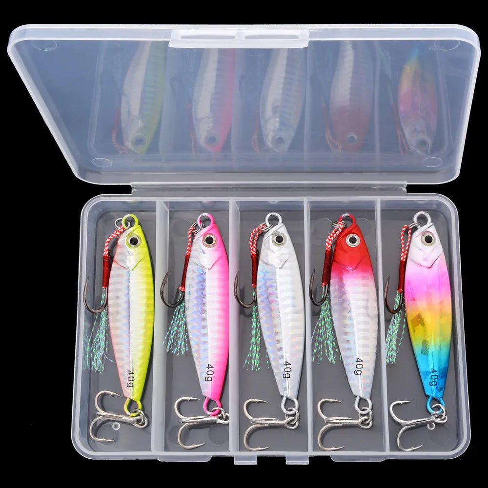 Aorace 5Pcs Metal Jig Lure Cast Spoon 10G 20G 30G 40G Artificial Bait Shore Fishing Jigging Metal Bass Fishing Lure With box