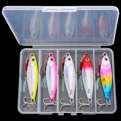 Aorace 5Pcs Metal Jig Lure Cast Spoon 10G 20G 30G 40G Artificial Bait Shore Fishing Jigging Metal Bass Fishing Lure With box