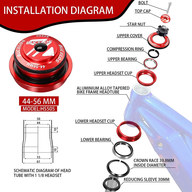 Bike Headset 1-1/8" Sealed Bearing 34/44/50.6/52/55/56mm MTB Fork