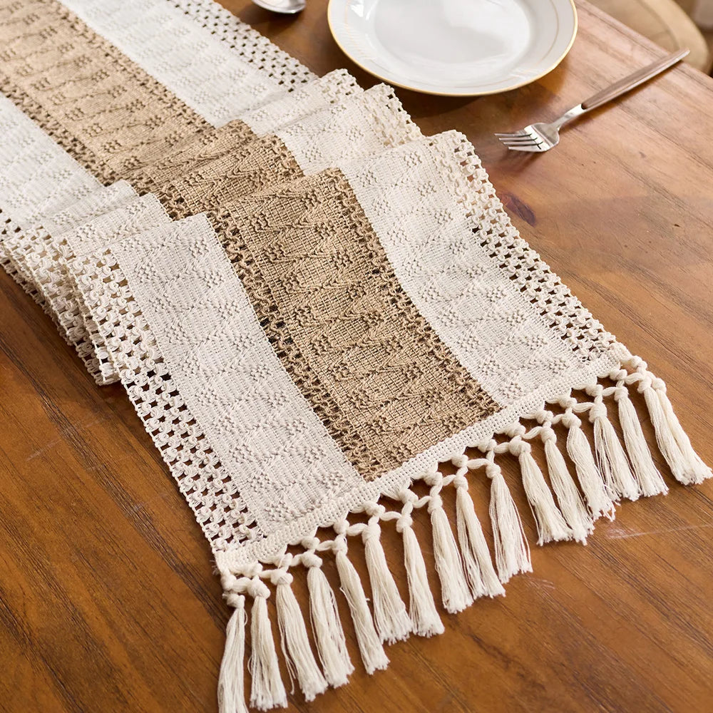 Boho Table Runner Macrame Cream Brown Tassels Farmhouse Home Decor