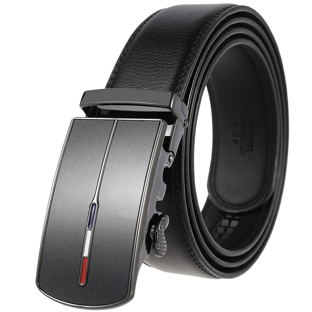 Men's Leather Belt Automatic Buckle 3.5cm Wide Luxury Black Waistband
