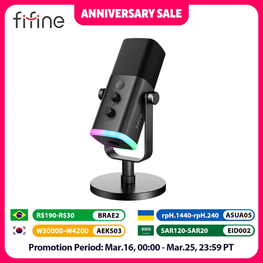 FIFINE Ampligame AM8 USB/XLR Dynamic Microphone Touch Mute Headphone Jack I/O Controls for PC PS4 PS5 Mixer