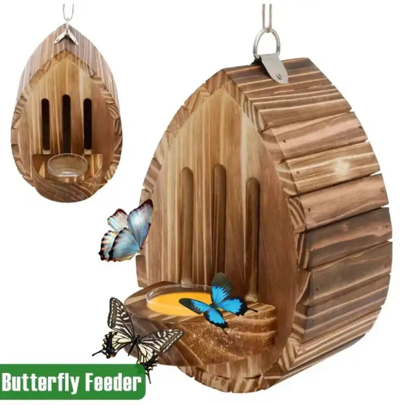 Wooden Butterfly House Habitat Feeder for Outside Garden Hanging