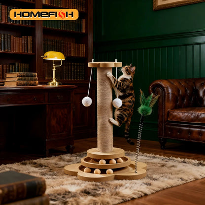 Pet Cat Toy Turntable Solid Wood Sisal Balls Funny Scratching Furniture