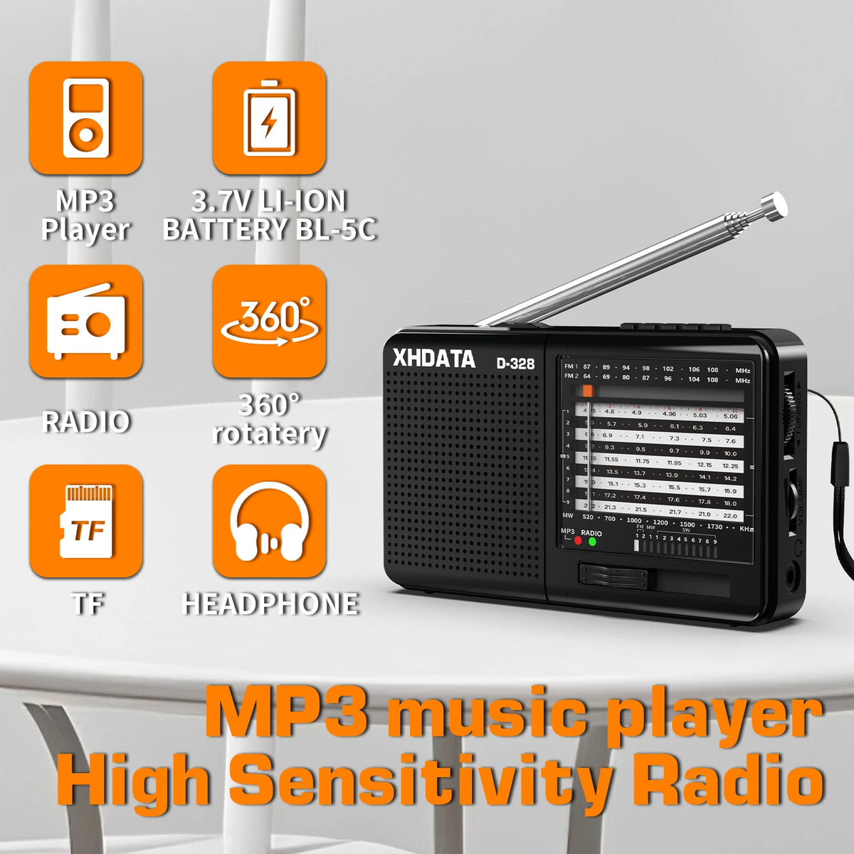 USB Rechargeable Battery Portable Radio Bluetooth Player AM/FM/SW TF Card